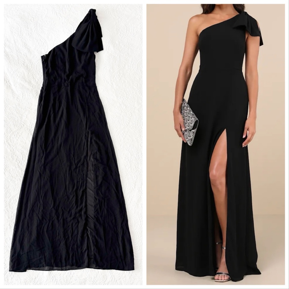 NWT Lulus Simply Brilliant Black One-Shoulder Bow Maxi Dress Small